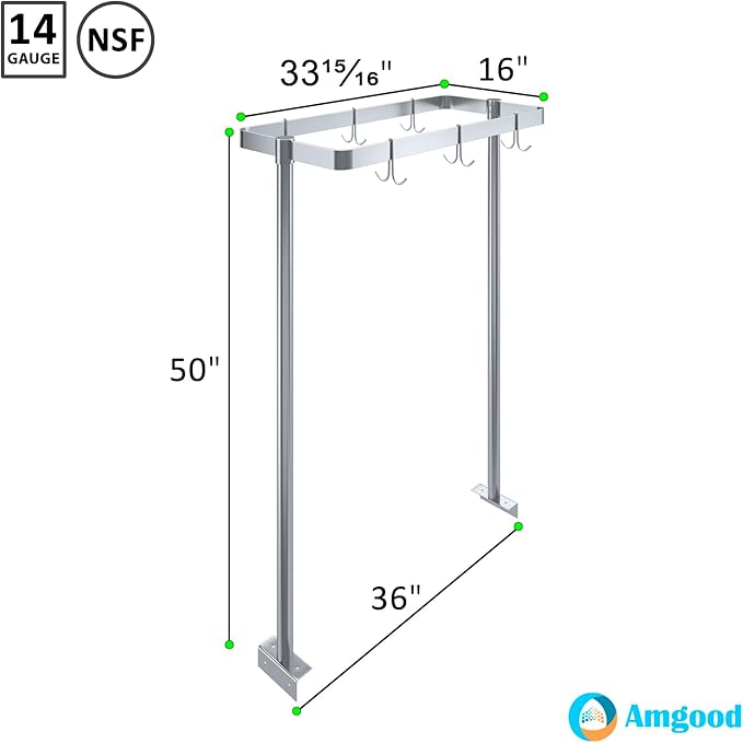 AmGood 36 in. Stainless Steel Table-Mounted Pot Rack With 6 Hooks