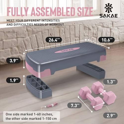 Aerobic Stepper Set with Dumbbells & Measuring Tape, Adjustable Height 2 Level Risers Workout Exercise Step Platform, 4 Co...