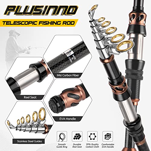 PLUSINNO Fishing Rod and Reel Combos - Carbon Fiber Telescopic Fishing Pole - Spinning Reel 12 +1 Shielded Bearings Stainl...