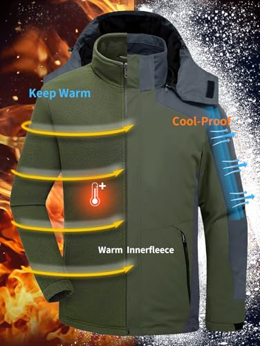 Kugnala Mens Winter Skiing Jacket 3 in 1 Waterproof Warm Snow Fleece Lining Coat Hooded Windproof Jacket S-6XL