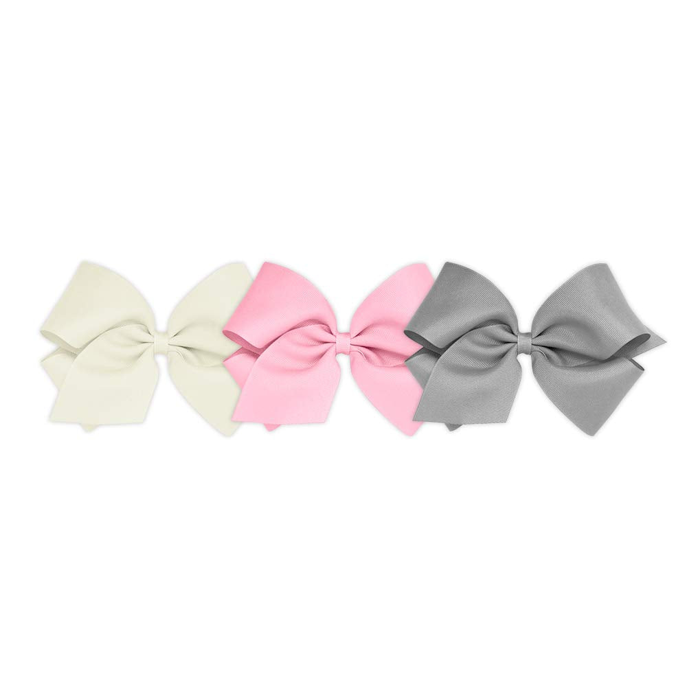 Wee Ones Girls' 3 pc Set Solid Grosgrain Variety Pack on a WeeStay No-Slip Hair Clip, King, Antique White, Pearl Pink, and Gray
