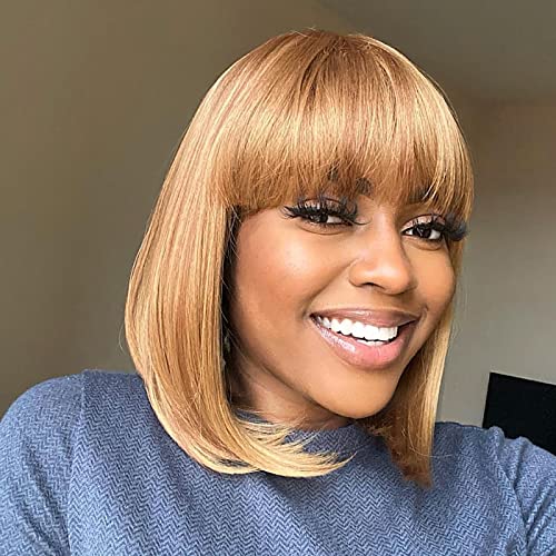 ToyoTress BLunt Cut Wigs With Bangs - 14 Inch Blonde Mix Brown Light Yaki Straight Hair Daily Costume Wig For Black Women, Soft