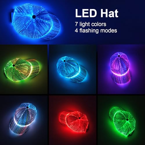 Ruconla Fiber optic cap LED hat with 7 colors luminous glowing EDC baseball hats USB Charging light up caps even party led...