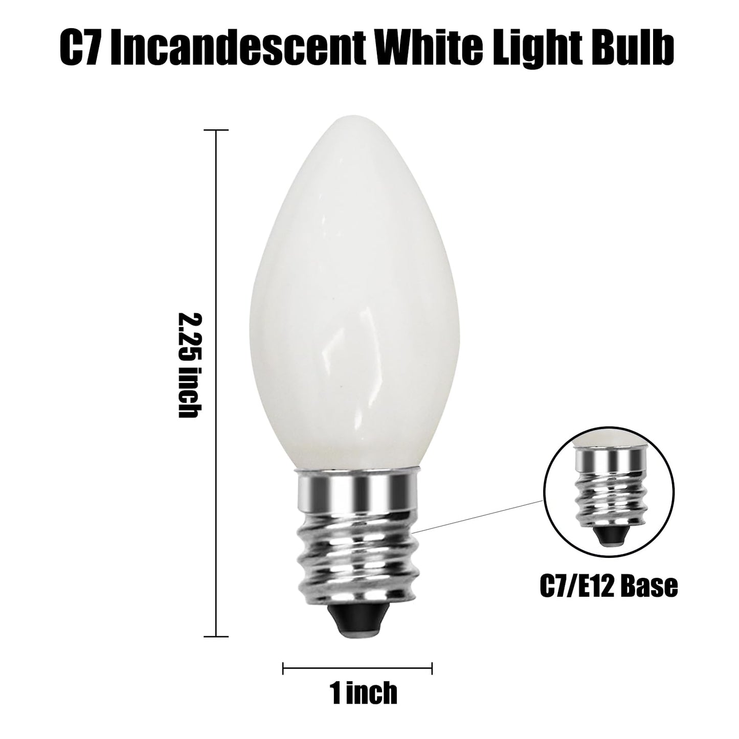 SUNSGNE C7 White Outdoor Christmas Light Bulbs, 5W E12 Candelabra Base, Pack of 25, Glass