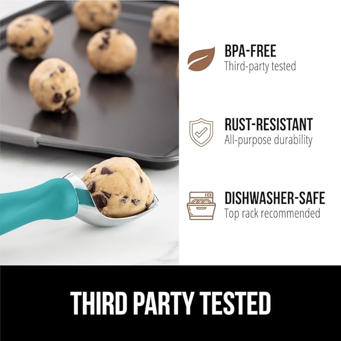 GORILLA GRIP BPA-Free Heavy Duty Ice Cream Scoop, Comfortable Ergonomic Handle, Professional Grade Scooper, Perfect Round Scoops, Spoon Frozen Hard Gelato Sorbet Cookie Dough, Kitchen Tool, Turquoise