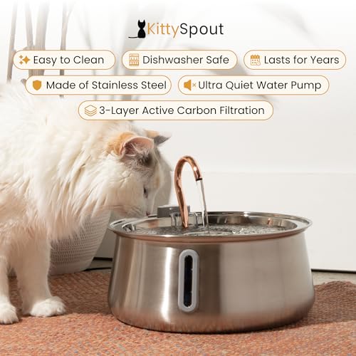 KittySpout Stainless Steel Cat Water Fountain Automatic Drinking Fountain, Quiet Circulating Water Bowl, Dishwasher Safe, ...