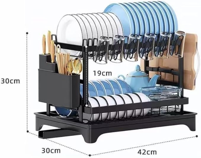 2 Tier Dish Racks for Kitchen Counter and Sink - Large Dish Drying Rack with Drainboard & Utensil Holders - Stainless Steel Dish Drainers Kitchen Organization and Storage for Space Saving (White)