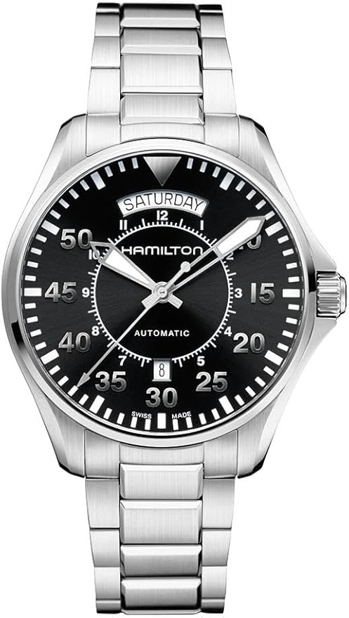 Hamilton Khaki Aviation Automatic Men's Watch, 42mm Stainless Steel Case, Swiss Made, Black Dial Analog Wrist Watch for Me...