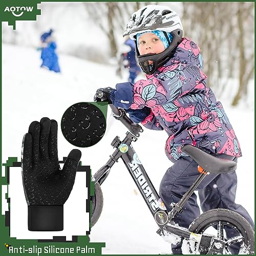 AOTOW Kids Winter Warm Sports Gloves - Cold Weather Thermal Snow Bike Touch Screen Children Mittens Boys Girls