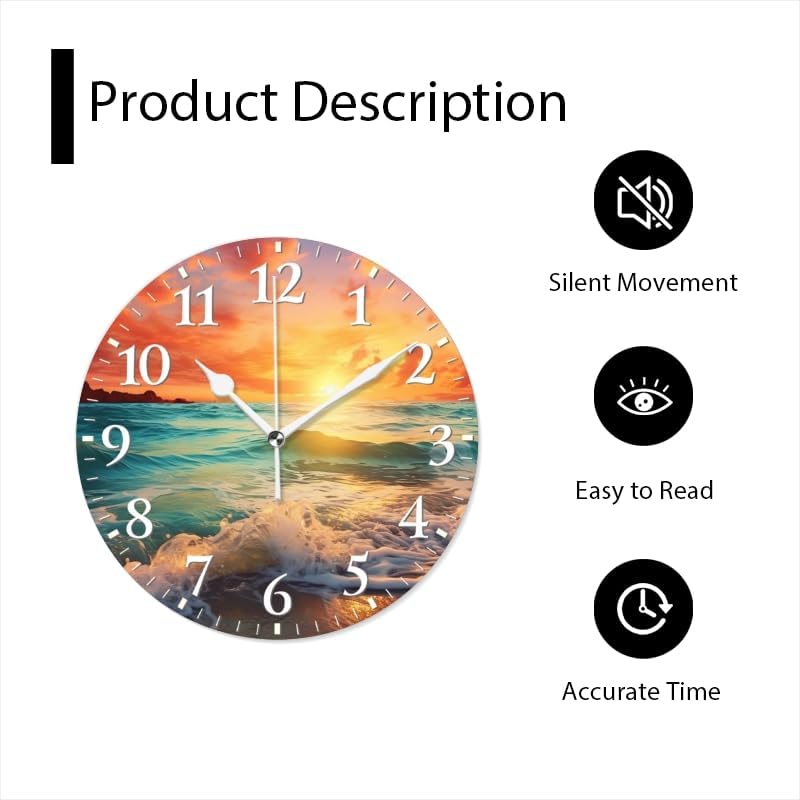 Beach Wall Clock Non-Ticking Silent Clocks Battery Operated Analog Decor Clock for Home-Beautiful Sunset Over The Ocean with Waves Crashing On The Shore(16inch)