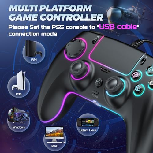 GUOC RGB Wired Controller for PS5/PS4 and PC with Hall Effect Trigger, 3.5mm Audio Jack, Support Tubro/Macro Function, Adj...