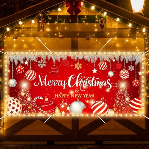 6x13ft Christmas Garage Door Cover Banner Decorations 2025 Happy New Year LED Light String Large Christmas Photo Backdrop ...