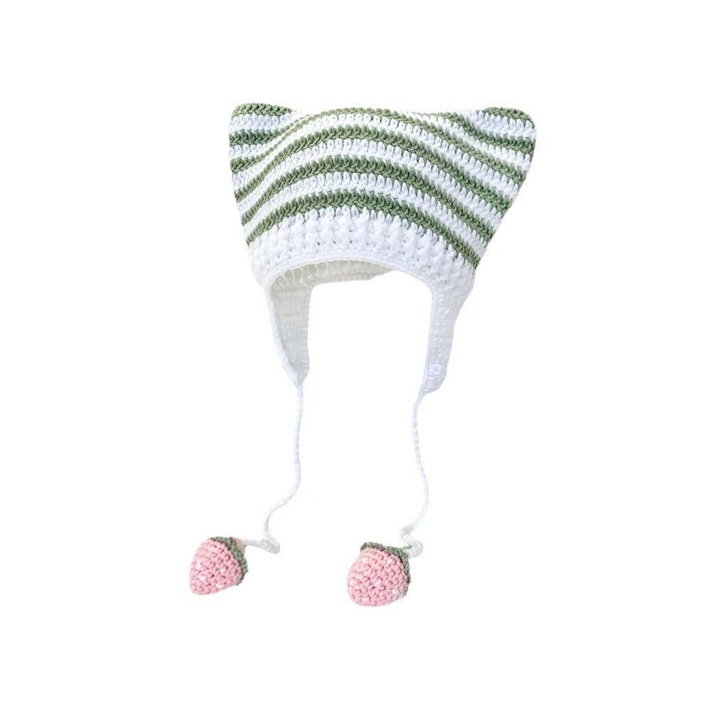 Y2K Crochet Hat for Women Kawaii Cute Knit Hat Vintage Beanie Cat Ear Grunge Fairy Slouchy Headgear Accessories (Green)