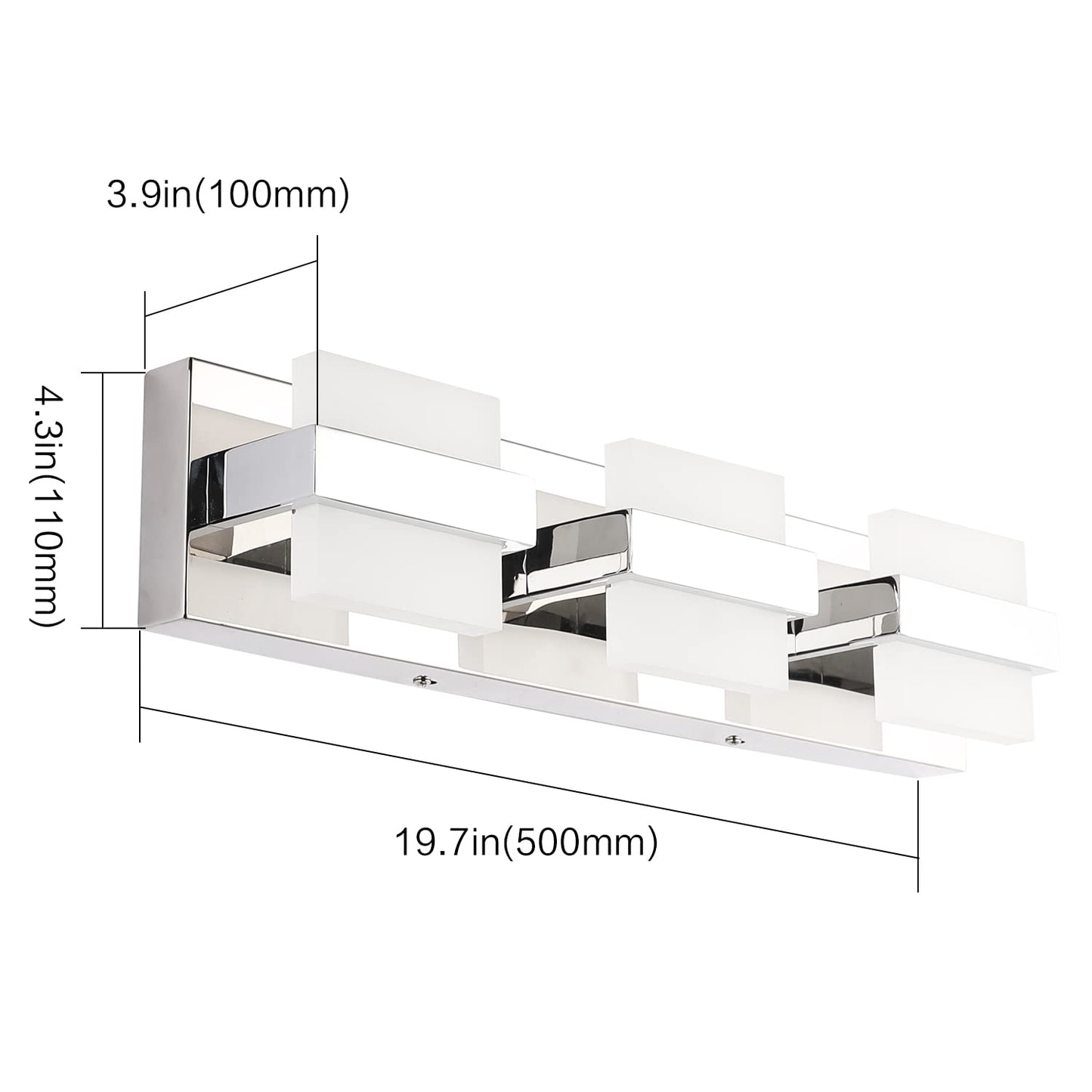 SOLFART LED Bathroom Vanity Light Fixtures, 3 Lights, Chrome, Acrylic Shade, White Light 6000K, Model 7248-3T-WHL-ND