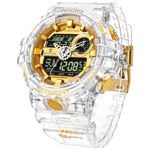 PINDOWS Watches for Men, Transparent Gold Analog Digital Dual Time 50M Waterproof, LED Backlight Multifunctional with Alar...