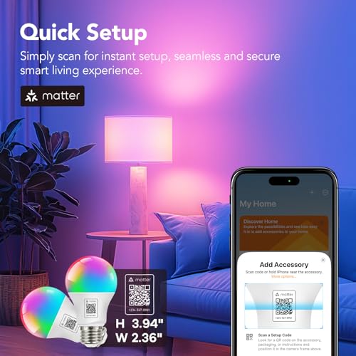 OREiN Matter Smart Light Bulb, Smart Light Bulbs Work with Apple Home, Alexa, Google Home, SmartThings, A19 Color Changing...