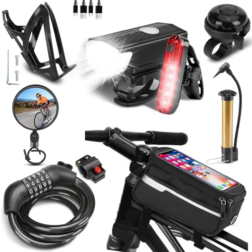 SODPE 8 Pack Bicycle Accessories, Bike Light Set USB Rechargeable, 1 Bike Water Bottle Holder, Bicycle Bag and 1 Bike Alum...