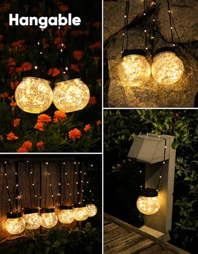 PARTPHONER Solar Lights Outdoor Waterproof 12-Pack, Solar Powered Hanging Lantern Cracked Glass Hanging Globes for Yard De...