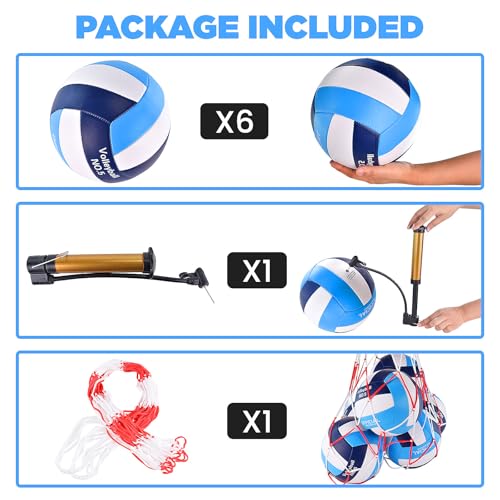 ELKCIP 6 Pack Volleyballs Official Size 5, Waterproof Soft Bulk Recreational Volley Balls with Pump and Net Bag for Indoor...
