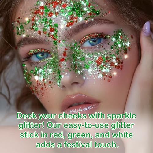 Christmas Body Glitter Stick, Red Green and White Face Glitter Accessories, Waterproof Face Hair Glitter Makeup, Christmas...
