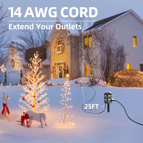 TiFFCOFiO Outdoor Power Strip Weatherproof, 25 FT Extension Cord with Stake, 6 Grounded Outlets for Christmas Yard Decorat...