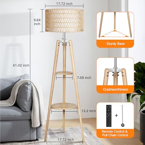 OUTON Rattan Tripod Floor Lamp, Dimmable with Remote Control, Wood, Modern Design for Living Room, Bedroom, Office