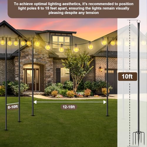 MuliVid 6 Pack 9FT String Light Poles for Outdoor,Metal Lights Hanging Pole Outside with Fork,Light Stand for Patio, Pergo...