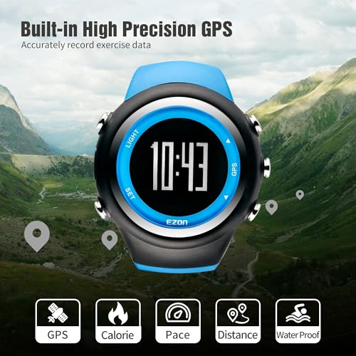 EZON GPS Running Watch with Distance Pace Alarm and Calorie Counter and Stopwatch for Men (Blue)