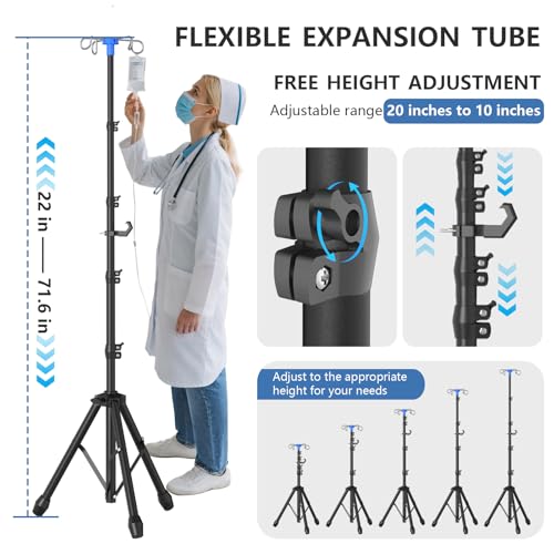 Foldable IV Pole Stand, Portable Telescoping Floor Stand with 4 Hooks, Height Adjustable, Travel Infusion Pole for Home Ca...