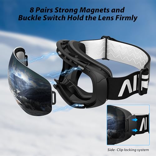 AirsFish Ski Goggles, Magnetic Side-Clip Snowboard Goggles Over Glasses -OTG Anti Fog 100% UV 400 Protection