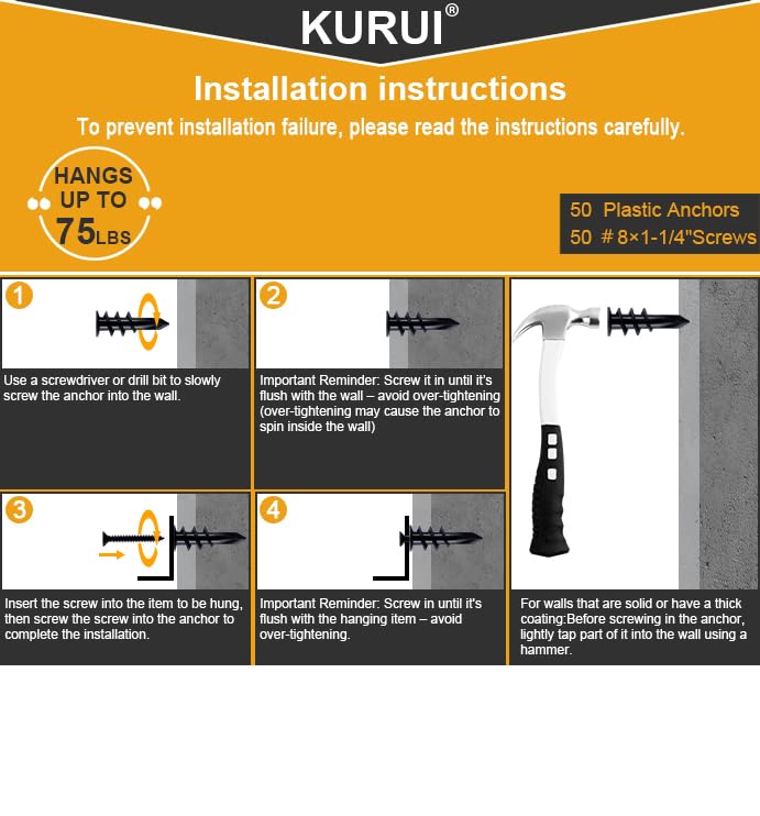 KURUI 140Pcs #8 Self Drilling Drywall Anchors with Screws Kit, Heavy Duty Dry Wall Anchors for Hanging Sheetrock, 50 Self-Tapping Plastic Drywall Hangers 50 Sheet Rock Screws, Mounting Hardware -75LB