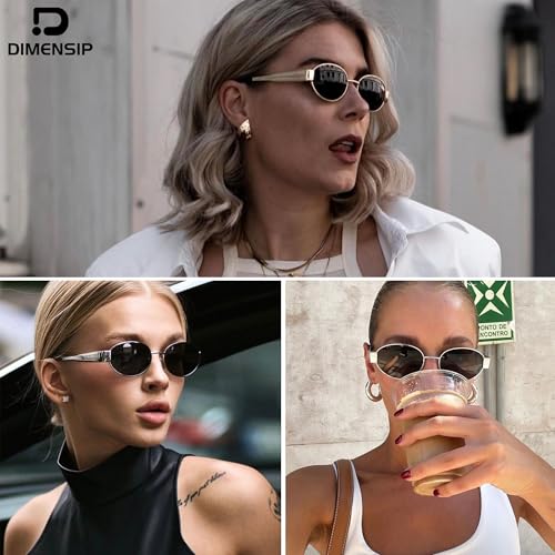 DIMENSIP Retro Oval Sunglasses for Women Men - Trendy Gold Sun Glasses - Fashion Metal Frame Shades