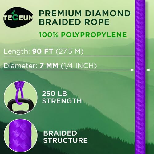 TECEUM Rope – 90 Feet x 1/4 Inch (7mm) – Purple – Strong All-Purpose Utility Rope – Camping, Crafting, Flag Pole, Indoor &...