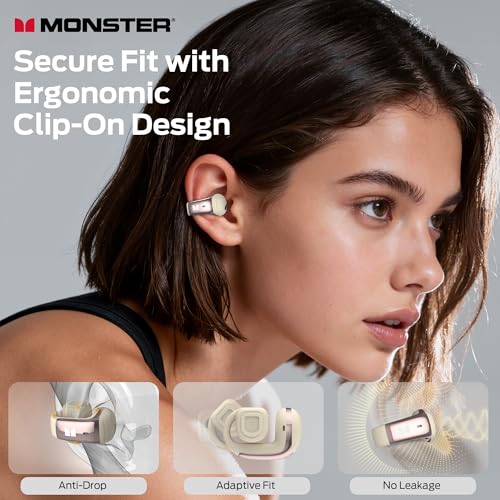 Monster Airclip AC210 Open Ear Headphones, Clip-On Earbuds, Lightweight Comfort, Secure Fit, Crystal-Clear Call, IPX6, 36H...