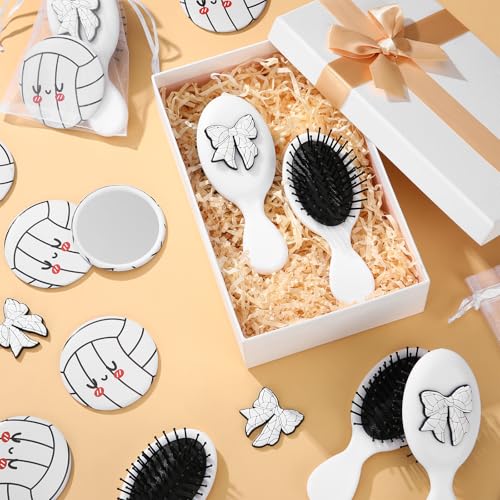 Wonderjune 12 Set Mini Hair Brush Bulk Compact Mirror with Bags Sports Party Favor Team Gift for Women Curly Thick Straigh...