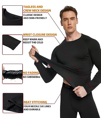 TELALEO 2 Set Mens Thermal Underwear Fleece Lined Long Johns 4 Pcs Base Layer Shirts Pant for Cold Winter Weather