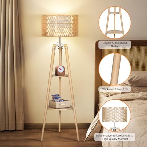 OUTON Rattan Tripod Floor Lamp, Dimmable with Remote Control, Wood, Modern Design for Living Room, Bedroom, Office