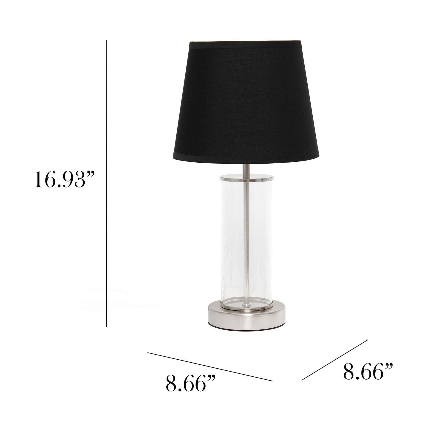 Simple Designs Bedside Table Lamp, Modern Coastal, 8.66inL x 8.66inW x 16.93inH, Brushed Nickel, Black Shade, Model LT2081-BSB