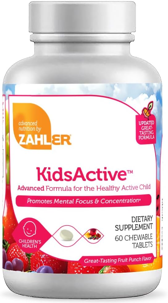 Zahler KidsActive, Kids Chewable Concentration Formula, All Natural Children’s Supplement Supporting Focus, Certified Kosher, 60 Fruit Punch Flavored Tablets