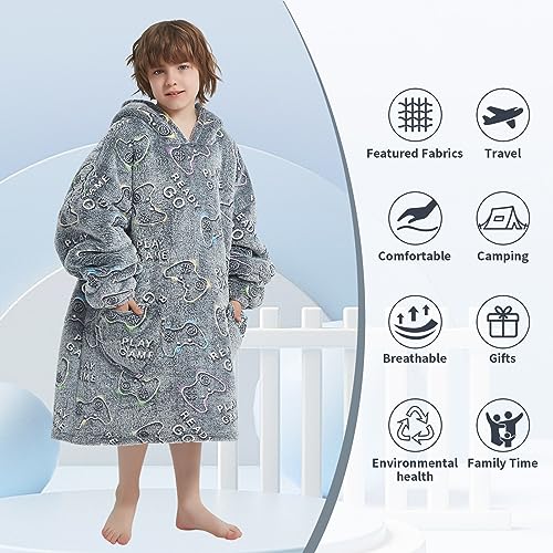 Fiosnow Glow in the Dark Game Controller Blanket Hoodies for Kids 6-13YR Oversize Wearable Blanket Hoodies for Boys Girls ...