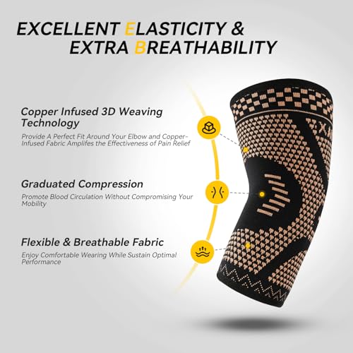 INDEEMAX Copper Elbow Compression Sleeve, 2 Pack Elbow Brace for Tendonitis and Tennis Elbow for Women & Men, Elbow Sleeve...