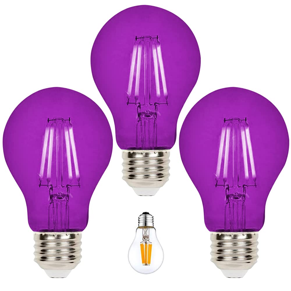 Bluex Bulbs A19 Filament LED Purple Light Bulbs - 8W, E26 Base, 3 Count, Decorative Lighting for Home and Party