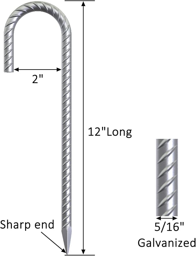 55 Pack 12" Galvanized Rebar Stakes Heavy Duty J Hook Ground Anchors, Curved Steel Tent Stakes Anti Rust Steel Ground Stakes