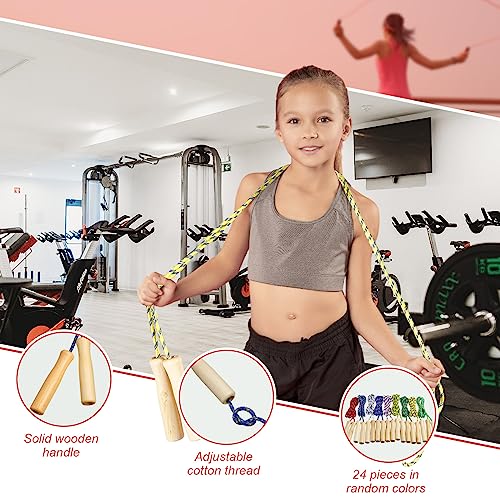 Shappy 24 Pcs Jump Rope Bulk 7.25 ft Adjustable Cotton Skipping Rope with Wooden Handle Braided Fitness Jumping Rope for T...