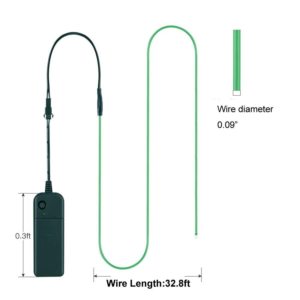 MaxLax EL Wire Neon Lights Strip, 32.8ft Green Portable Battery Pack for Parties, Halloween, DIY Decoration
