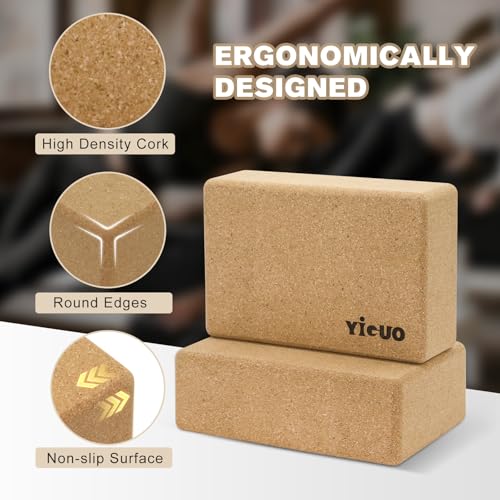 YIGUO Cork Yoga Blocks 2 Pack with Strap, High Density Soft Non-Slip Yoga Blocks, Eco-Friendly Yoga Accessories for Yoga, ...