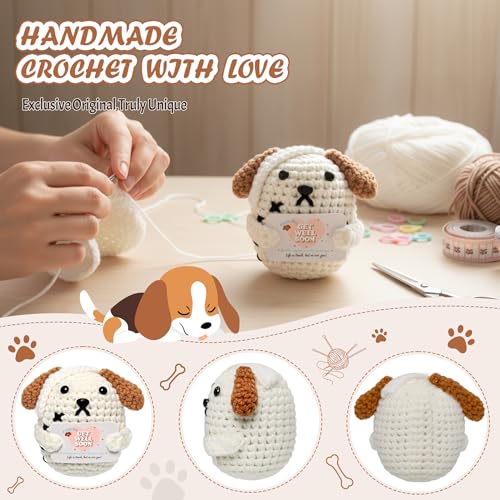 Crochet Get Well Puppy Gift - Handmade Dog Positive Pug Crochet Animal with Box Mesh Bag for Women Men Adult Emotional Ins...