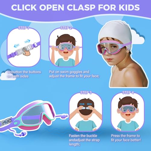 CMBJJU 3 Pack Swimming Goggles, Kid Goggles with Earplugs Large Frame Anti-Fog/UV Wide View Swim Goggles Boys Girls 4-12