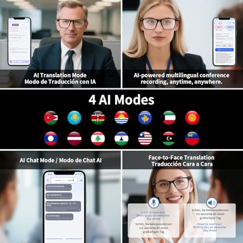 AI Translation Glasses, Support 169 Languages Real-Time Translation Powered By APP, Open-Ear Sound Mic & Speakers, Color-C...