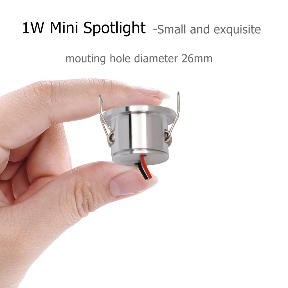 Scpopfer 2Pack 1W Mini Spotlights Recessed Ceiling Showcase Display Under-Cabinet Indoor Lights Fixture With Ac 110V 220V To Dc3-12V Led Power Supply Driver 3000K Warm-White Lighting Silver-Shell